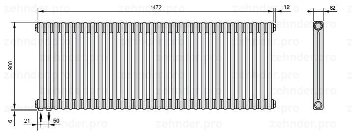 Схема (чертеж) Радиатор Zehnder Charleston 2090/32 №3370 Белый глянцевый RAL 9016